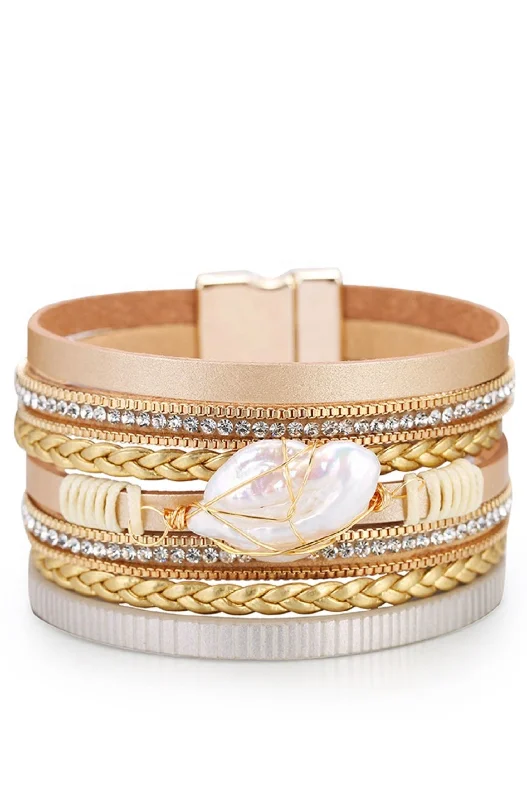 adjustable bangles for women -adjustable bangles for women -18k Gold Multi Row Champagne Leather Pearl Bracelet