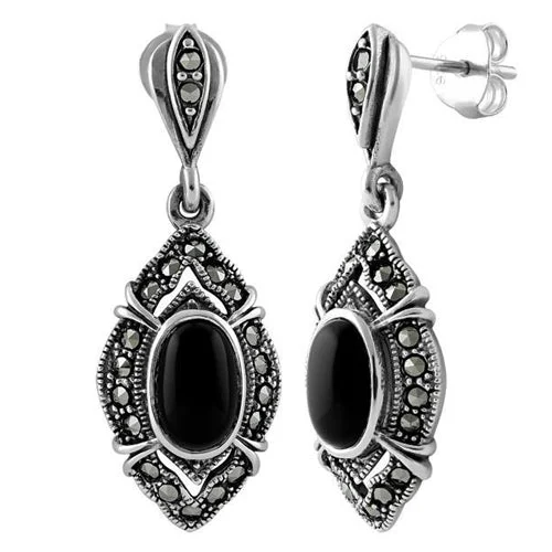 luxury earrings sets -luxury earrings sets -Sterling Silver Oval Drop Black Onyx Marcasite Earrings