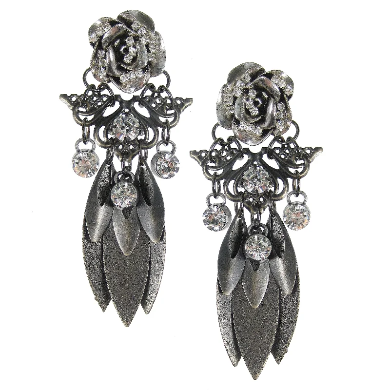 romantic earrings for women -romantic earrings for women -#1106e Gunmetal Floral Rhinestone & Filigree Drop Earrings