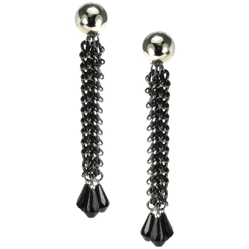 stud earrings for women -stud earrings for women -#808e Black/Silver Chain Mail Shoulder Duster Earrings With Jet Drops