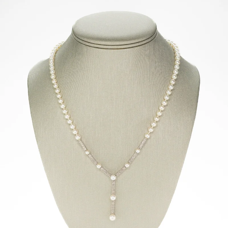 bridal necklaces for women -bridal necklaces for women -4.50mm Wide Round Pearl and Diamond 18" Necklace in 14K White Gold