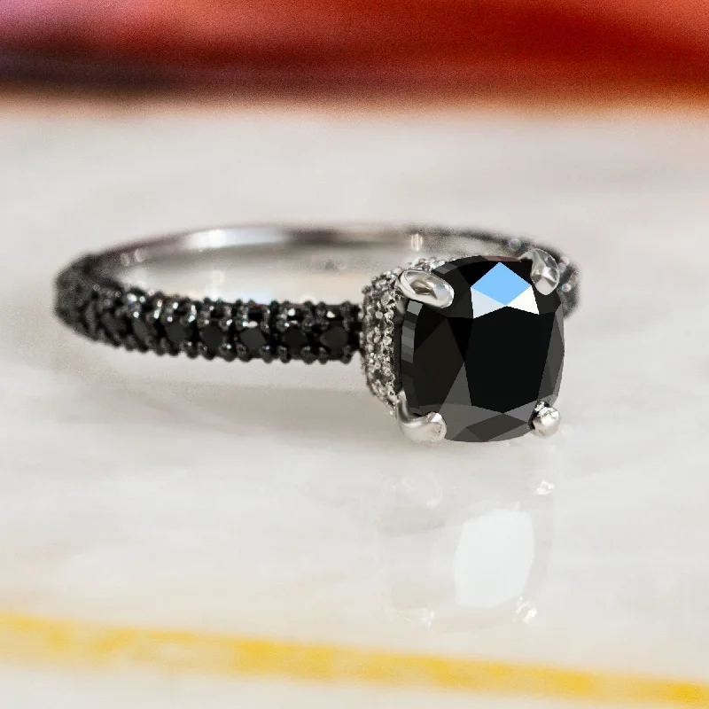 pear cut engagement rings for women -pear cut engagement rings for women -Black Magic - 4 Carats Double Hidden Halo Natural Black Diamond Cushion Engagement Ring in White Gold