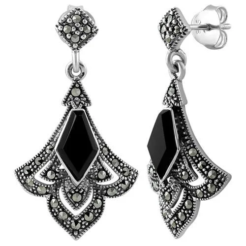 women’s custom earrings -women’s custom earrings -Sterling Silver Elegant Kite Drop Black Onyx Marcasite Earrings