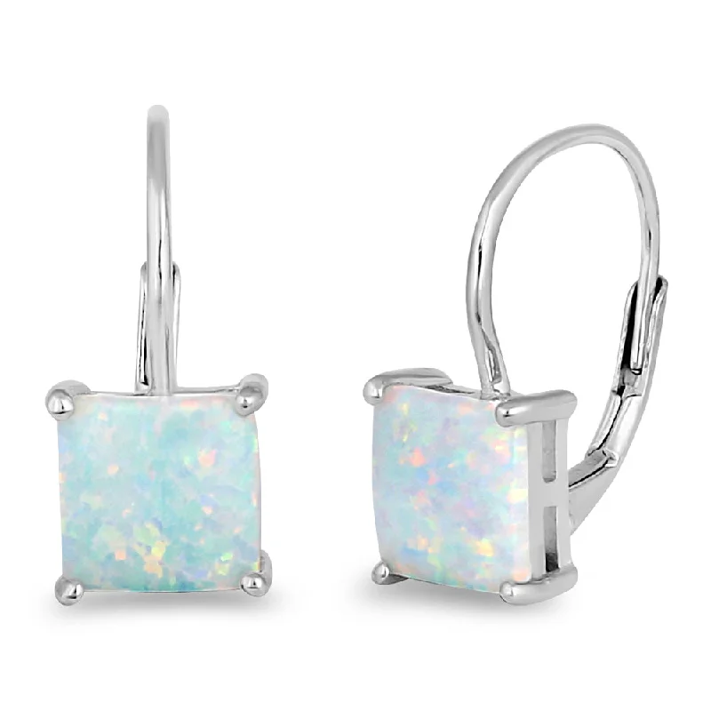 long earrings for women -long earrings for women -Sterling Silver Elegant White Lab Opal Square Earrings