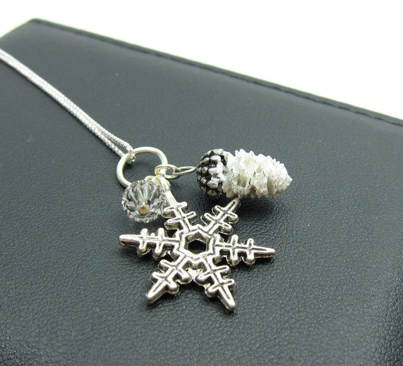 silver chain necklaces for women -silver chain necklaces for women -Snowflake Pine Cone Charm Necklace on Sterling Silver Chain