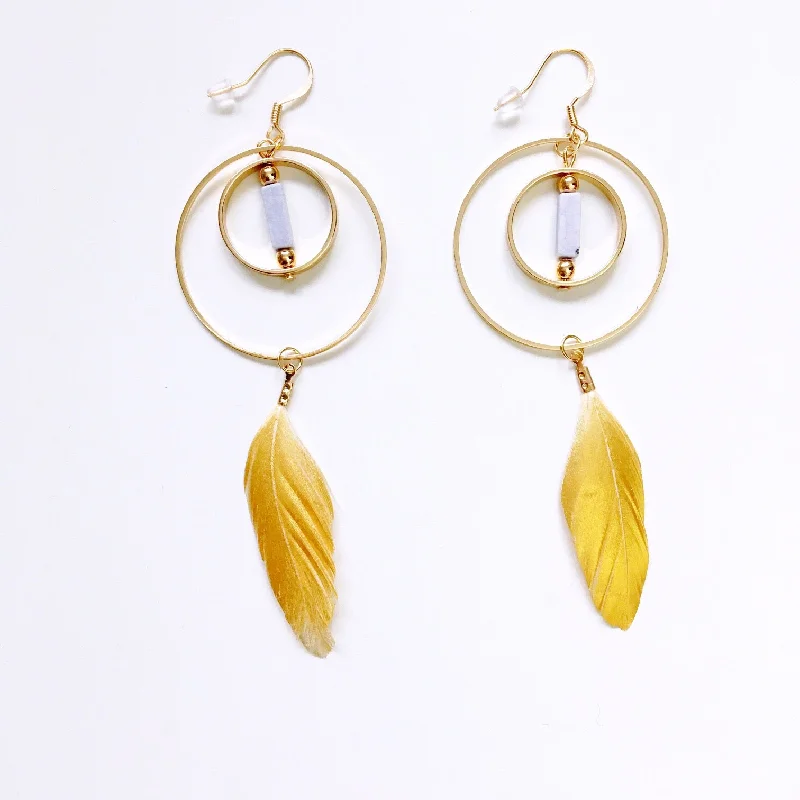 elegant gold earrings for women -elegant gold earrings for women -MARBLE STONE FEATHER RING EARRINGS