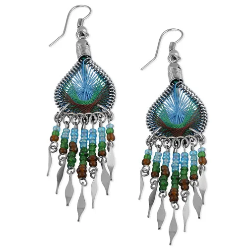 classic dangly earrings for women -classic dangly earrings for women -Stainless Steel Peruvian Turquoise Green Silk Thread Beaded Dangle Earrings