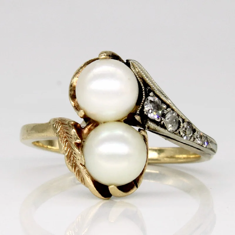 gemstone statement rings -gemstone statement rings -Antique Pearl & Old Cut Diamond Bypass Ring with Leaf Mofif  | 0.13ctw | SZ 7 |