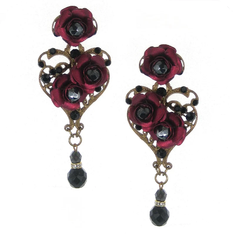 fancy earrings for women -fancy earrings for women -#518e Old Gold Tone Filigree, Jet and Ruby Floral Earrings