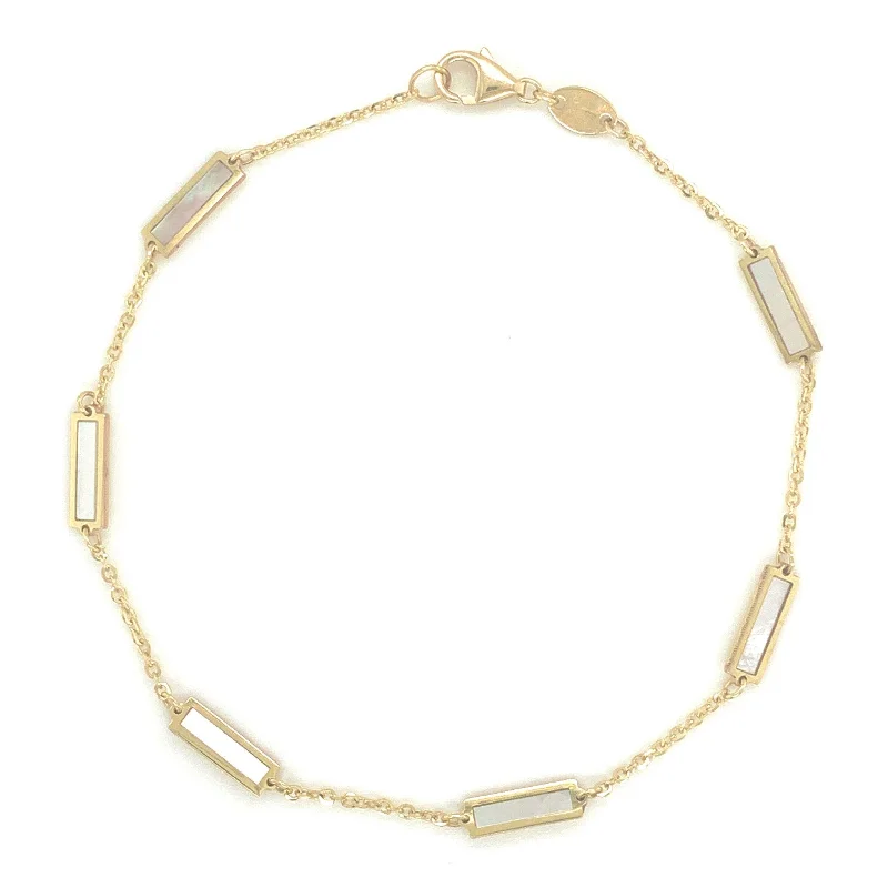 matching bracelet sets for women -matching bracelet sets for women -14K Gold Station Bar Mother of Pearl Bracelet 7"