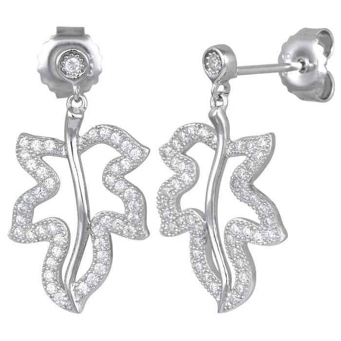 dangling earrings for women -dangling earrings for women -Sterling Silver Leaf CZ Dangle Earrings