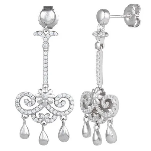 women’s earrings -women’s earrings -Sterling Silver Flower Chandelier CZ Dangle Earrings