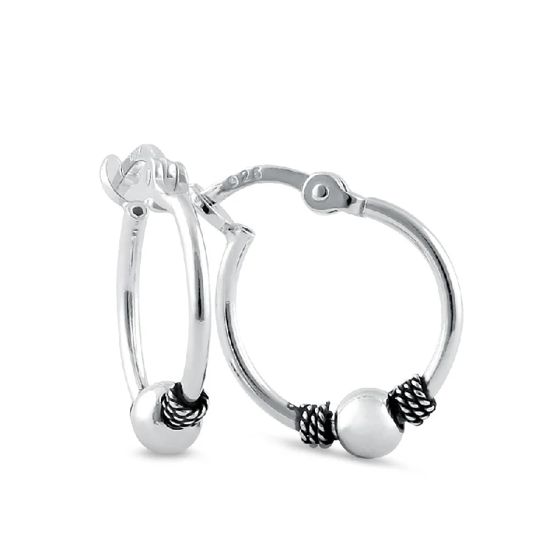 stylish earrings for women -stylish earrings for women -Sterling Silver 1.3mm x 14.0mm Bali Bead and Rope Hoop Earrings