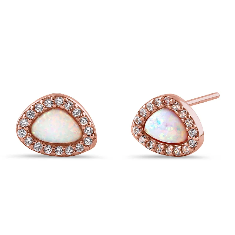 classic gold hoop earrings -classic gold hoop earrings -Sterling Silver Small Rose Gold White Lab Opal & Clear CZ Offset Stud Earrings