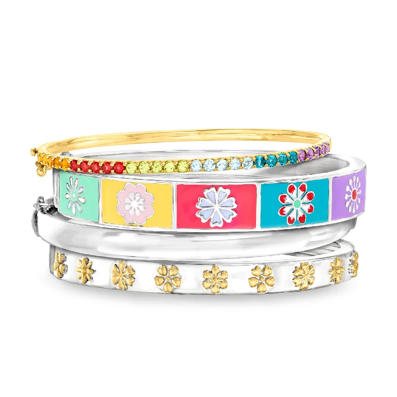 women’s adjustable cuff bracelets -women’s adjustable cuff bracelets -Ross-Simons "Flower Power Stack" Set Of 4 Bangle Bracelets in 2-Tone Sterling Silver