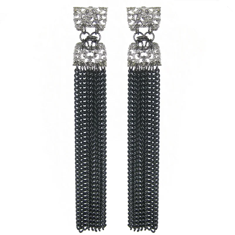 classic diamond earrings -classic diamond earrings -#862e Silver Tone Filigree & Black Long Fringe Earrings