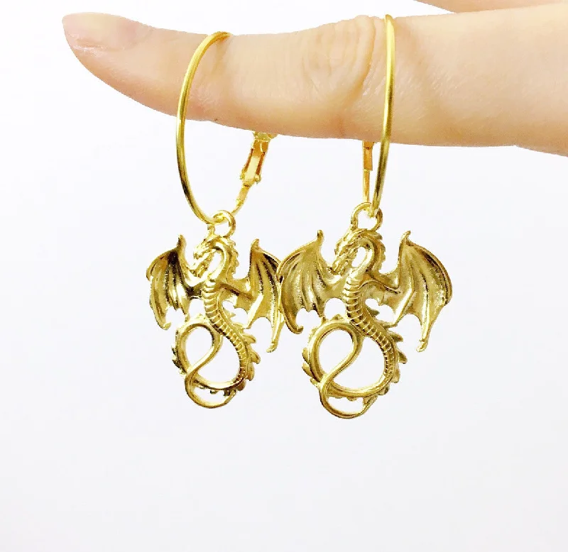 gold drop earrings for women -gold drop earrings for women -Y2K 2000S 90S STYLE GOLD DRAGON HOOP EARRINGS