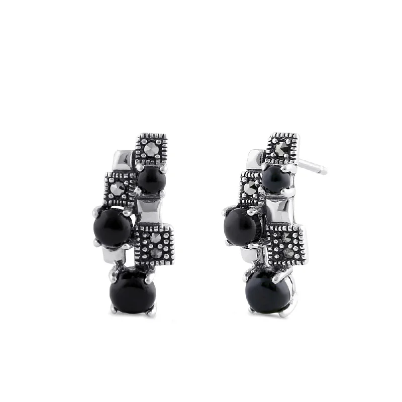 women’s large stud earrings -women’s large stud earrings -Sterling Silver Onyx Beaded Marcasite Stud Earrings