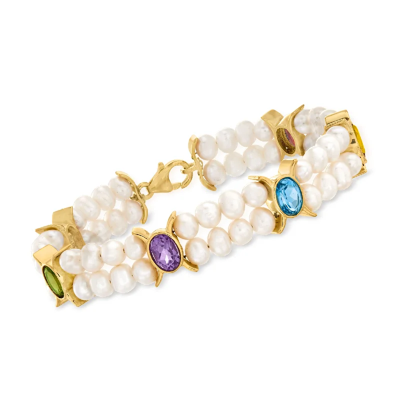 sterling silver bangles -sterling silver bangles -Ross-Simons 4.5-5.5mm Cultured Pearl and Multi-Gemstone Bracelet in 18kt Gold Over Sterling