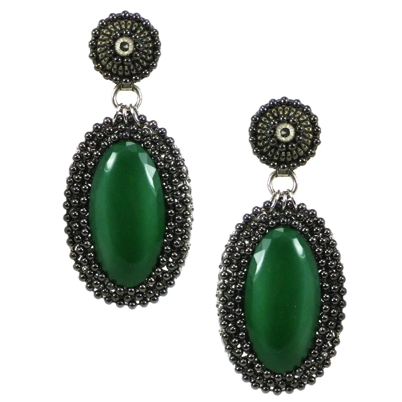 chic statement earrings -chic statement earrings -#758e Gunmetal & Emerald Cabochon Drop Earrings