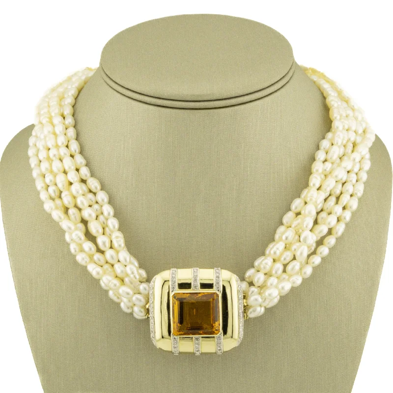 modern necklaces for women -modern necklaces for women -13.18ctw Citrine and Diamond Accented Brooch/Pendant with Pearls 17" Necklace in 14K Yellow Gold