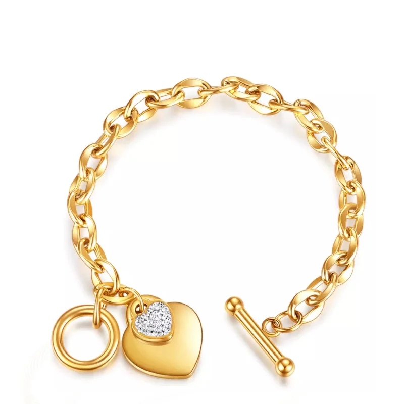 elegant women’s bangles with crystals -elegant women’s bangles with crystals -18k Gold Heart Charm Embellished Bracelet