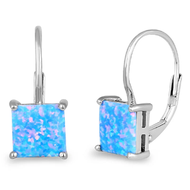 trendy dangling earrings -trendy dangling earrings -Sterling Silver Elegant Blue Lavender Lab Opal Square Earrings