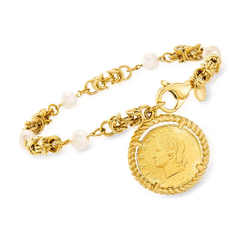 trendy bracelets for women -trendy bracelets for women -Ross-Simons Italian 6mm Cultured Pearl and Replica Lira Coin Byzantine Bracelet in 18kt Gold Over Sterling