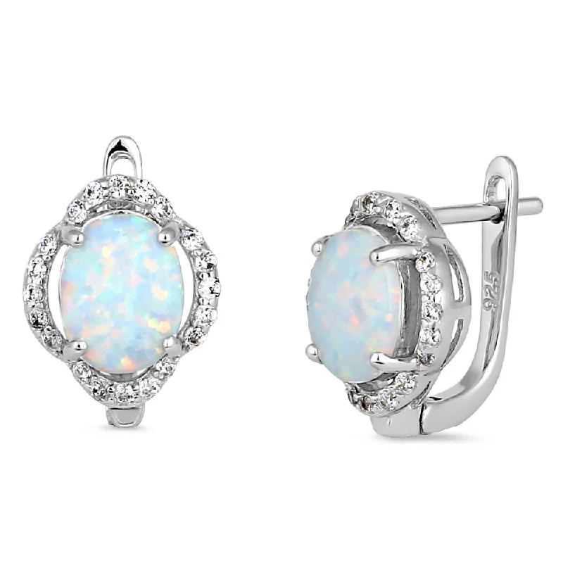 dangling earrings for women -dangling earrings for women -Sterling Silver Elegant White Lab Opal Oval CZ Halo Earrings