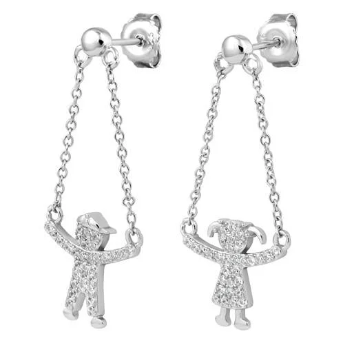 affordable earrings for women -affordable earrings for women -Sterling Silver Boy and Girl Hanging Chains CZ Earrings