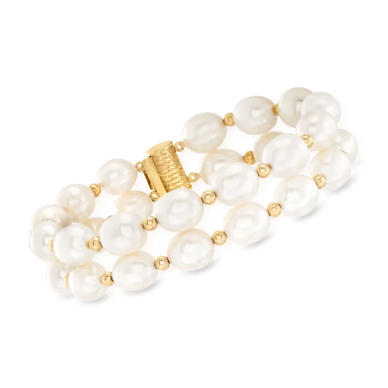 elegant silver cuff bracelets -elegant silver cuff bracelets -Ross-Simons 8-9mm Cultured Pearl 2-Row Bracelet in 14kt Yellow Gold