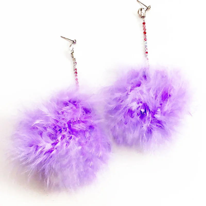 custom-designed hoop earrings -custom-designed hoop earrings -LARGE DREAMY FEATHER POM POM DIAMANTE CHAIN EARRINGS