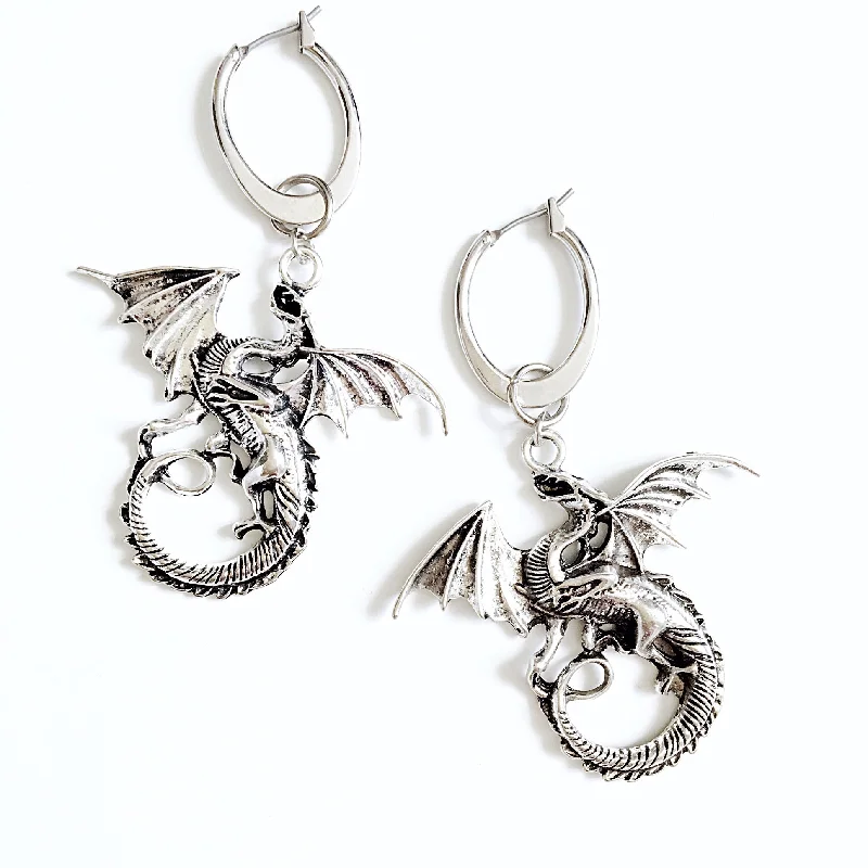 silver earrings with gemstones -silver earrings with gemstones -Y2K 2000S 90S STYLE SILVER LARGE DRAGON LARGE HOOP EARRINGS