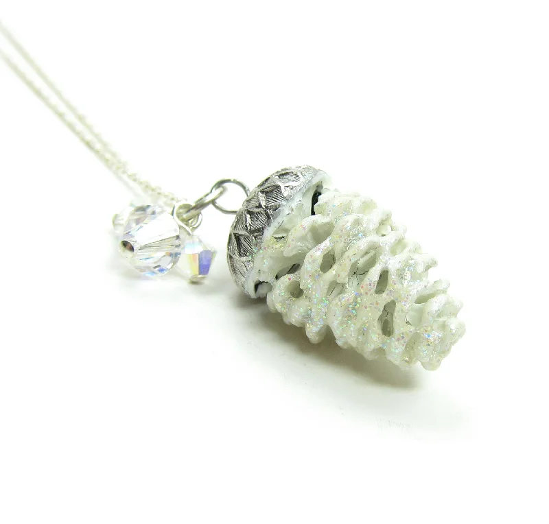 vintage style necklaces for women -vintage style necklaces for women -Snowy Pine Cone Necklace with White Charm on Sterling Silver Chain