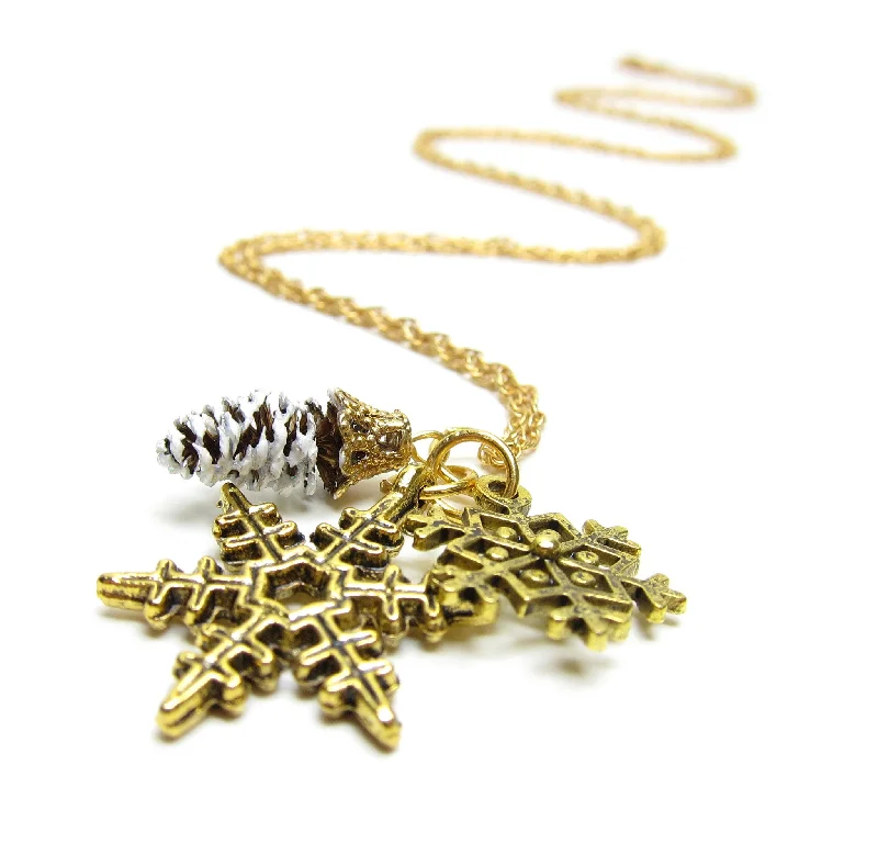 women’s engagement necklaces -women’s engagement necklaces -Gold Pine Cone Necklace with Snowflake Charms and Real Pinecone