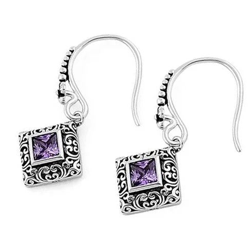 stud earrings for women -stud earrings for women -Sterling Silver Ornate Square Cut Amethyst CZ Earrings