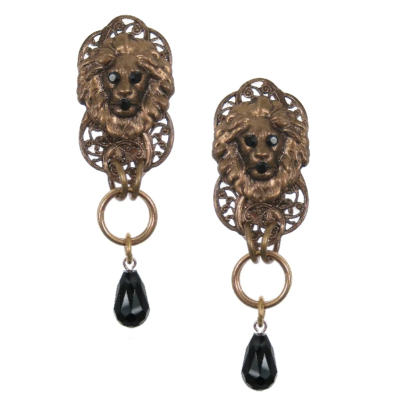 silver dangling earrings -silver dangling earrings -#1105e Old Gold Tone Filigree & Lion Head With Jet Drop Earrings