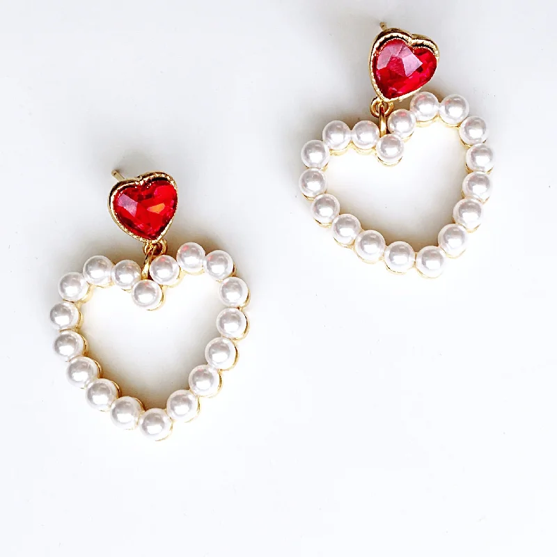 trendy stud earrings for women -trendy stud earrings for women -RED DIAMANTÉ FAUX PEARL HEART EARRINGS