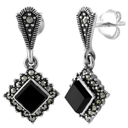 sterling silver earrings -sterling silver earrings -Sterling Silver Square Drop Black Onyx Marcasite Earrings