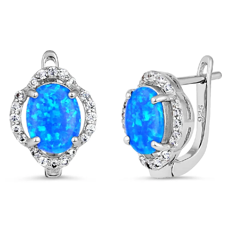 elegant earrings for women -elegant earrings for women -Sterling Silver Elegant Blue Lab Opal Oval CZ Halo Earrings