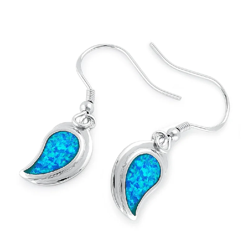 women’s pearl stud earrings -women’s pearl stud earrings -Sterling Silver Blue Lab Opal Leaf Hook Earrings