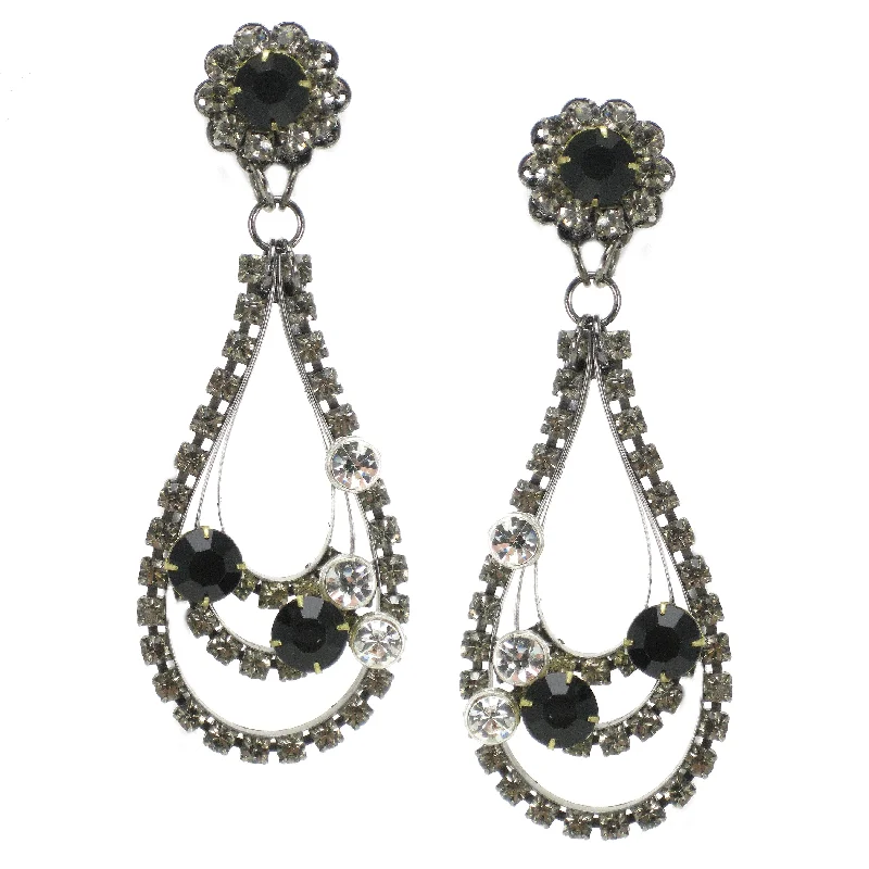 gemstone dangling earrings -gemstone dangling earrings -#882e Gunmetal Tone, Jet & Crystal Rhinestone Long Drop Earrings