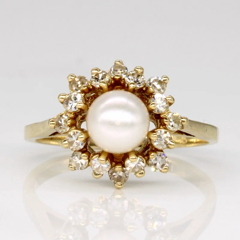 gold engagement rings for women -gold engagement rings for women -Pearl & Diamond Halo Ring | 0.24ctw | SZ 5 |