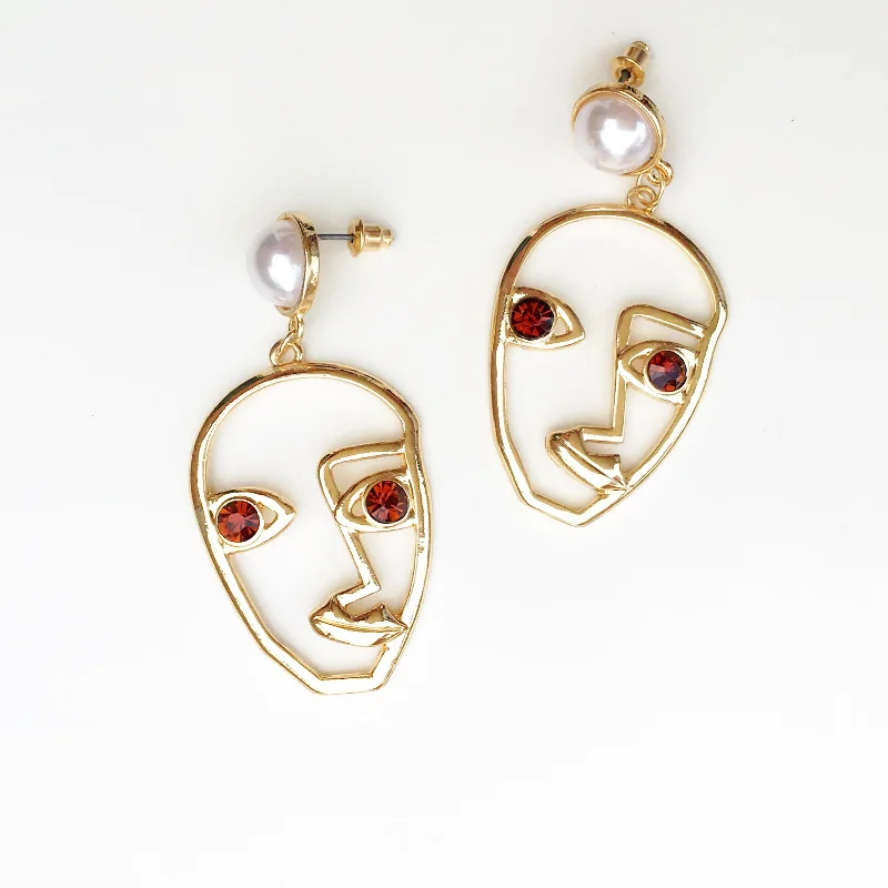 luxury drop earrings -luxury drop earrings -EMO PEARL DIAMANTÉ EYES ABSTRACT FACE EARRINGS