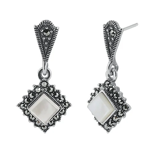 fashion earrings for women -fashion earrings for women -Sterling Silver Square Drop Mother of Pearl Marcasite Earrings