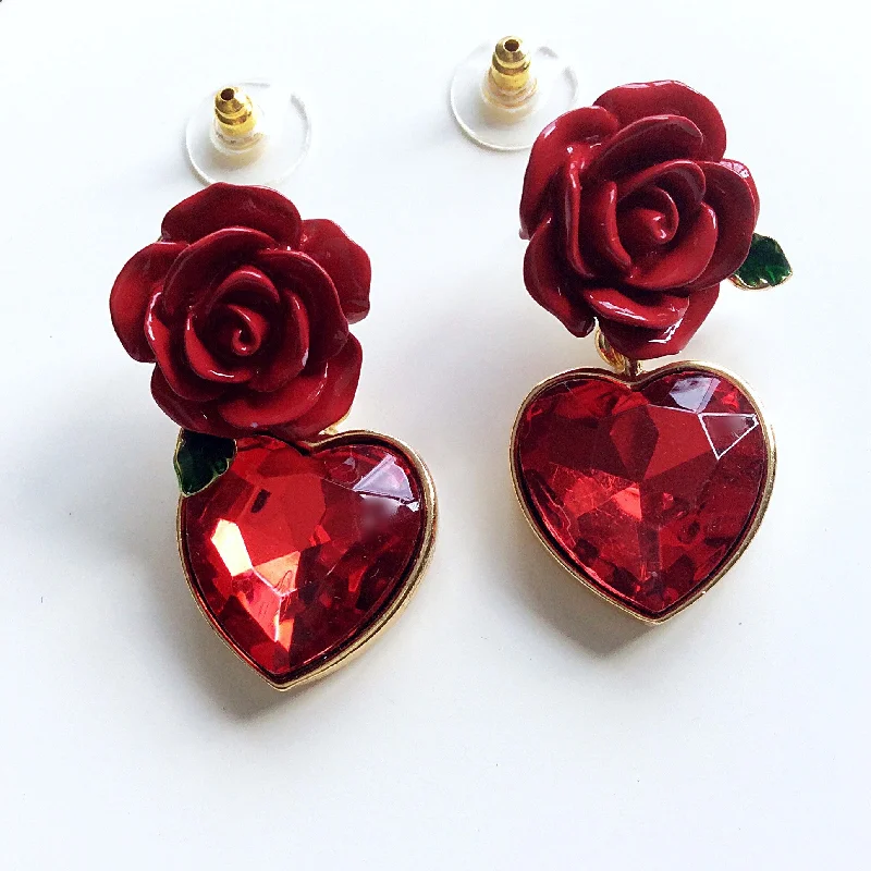 women’s large stud earrings -women’s large stud earrings -DEEP RED ROSE HEART DIAMANTÉ PENDANT EARRINGS