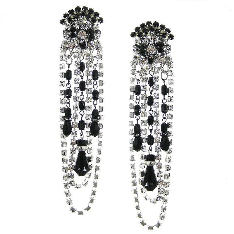 classic diamond earrings -classic diamond earrings -#1108e Crystal Rhinestone & Jet Glass Shoulder Duster Earrings