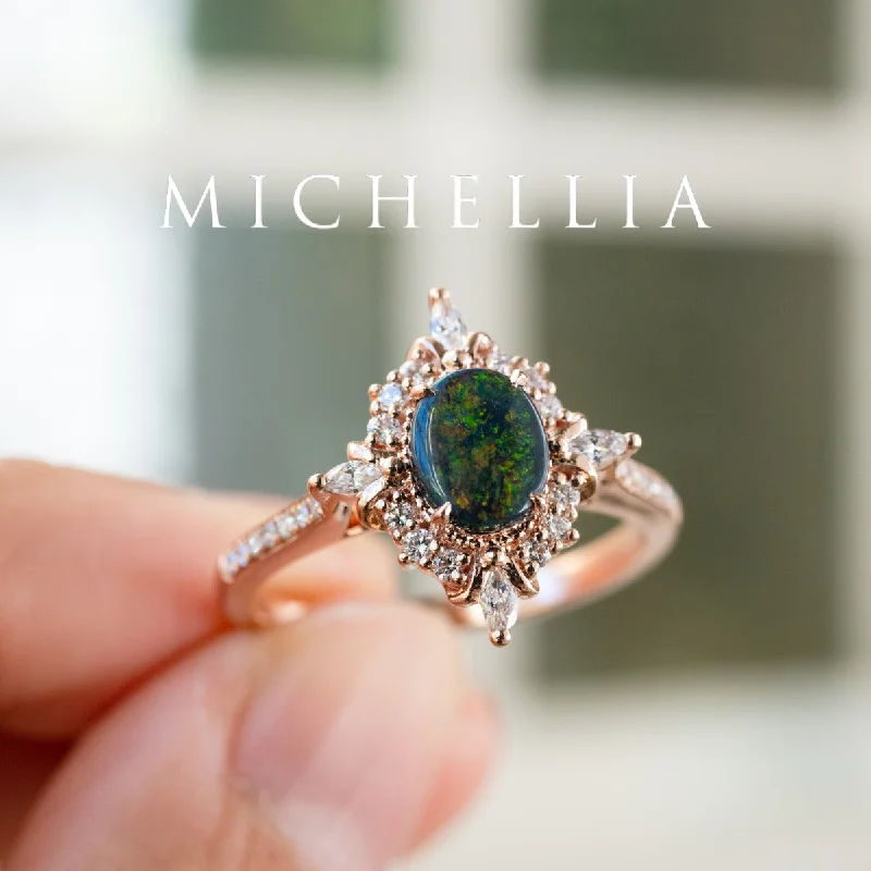 engagement rings with side stones -engagement rings with side stones -[Alessandra] Art Deco Oval Australian Black Opal Engagement Ring, 14K Rose Gold - One of A Kind & Ready-to-Ship