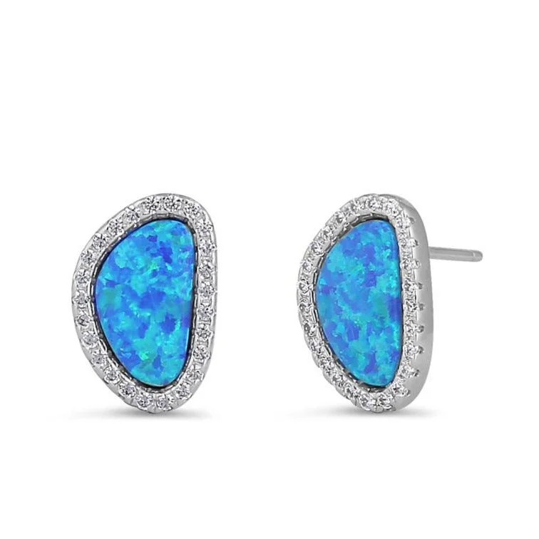 vintage earrings for women -vintage earrings for women -Sterling Silver Blue Lab Opal & Clear CZ Offset Stud Earrings