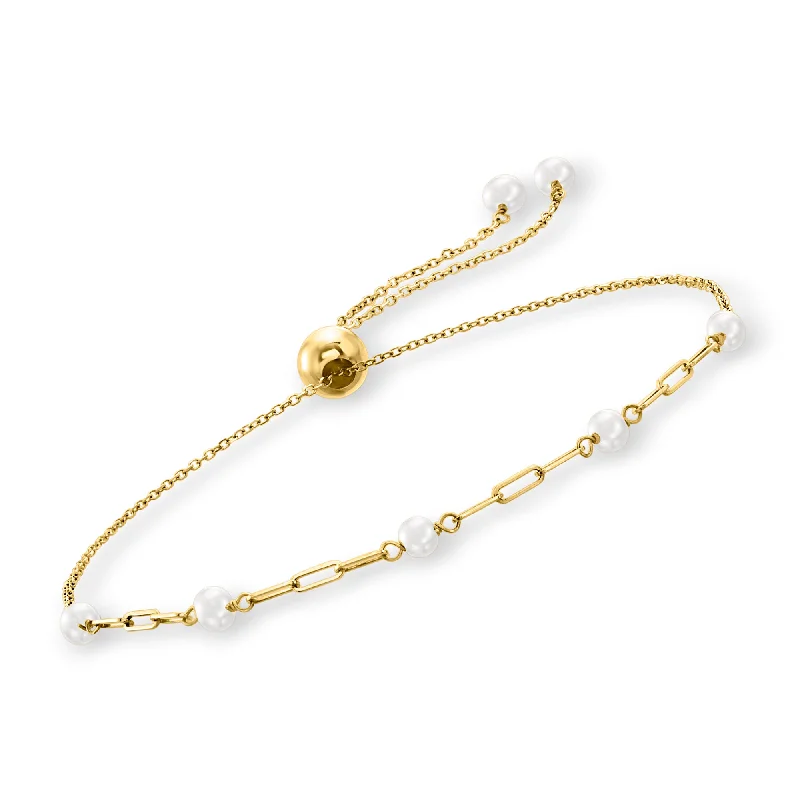 casual bracelets for women -casual bracelets for women -Ross-Simons 3-3.5mm Cultured Pearl and 14kt Yellow Gold Paper Clip Link Bolo Bracelet